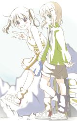 1girl 2girls arar0158 blonde_hair blue_eyes blush dress green_eyes hair_ornament hairclip highres kuraue_hinata long_hair multiple_girls open_mouth short_hair shorts smile twintails yukimura_aoi