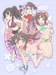 Rule 34 | 1girl, :d, ;), ankle socks, apron, arm support, bare arms, bare shoulders, barefoot, bead bracelet, bead necklace, beads, belly chain, bikini, black dress, black hair, black shorts, black socks, blue background, blue bikini, blue scrunchie, blush, blush stickers, bow, bow bikini, bracelet, breasts, brown eyes, cleavage, closed mouth, collarbone, commentary request, cosplay, dress, earrings, eyewear on head, flower, footwear flower, frilled bikini, frills, from side, front-tie bikini top, front-tie top, green bikini, grin, groin, hair between eyes, hair flower, hair ornament, hair ribbon, hairclip, hand on own hip, hand up, hands up, heart, heart-shaped eyewear, high-waist skirt, high ponytail, highleg, highleg bikini, highres, holding, hozuki kaede, hozuki kaede (cosplay), index finger raised, jewelry, kneeling, looking at viewer, matado (almukha), medium breasts, medium hair, medium skirt, multicolored hair, multiple views, navel, necklace, no shoes, off-shoulder shirt, off shoulder, one eye closed, onii-chan wa oshimai!, open mouth, outline, outstretched arm, oyama mihari, pink-tinted eyewear, pink background, pink sandals, pleated skirt, ponytail, puffy short sleeves, puffy sleeves, purple hair, reaching, reaching towards viewer, red ribbon, red skirt, ribbon, sandals, scrunchie, shirt, short shorts, short sleeves, shorts, skirt, smile, socks, sparkle background, split mouth, standing, standing on one leg, star (symbol), star symbol background, steepled fingers, streaked hair, swimsuit, tinted eyewear, twintails, two-tone hair, v-shaped eyebrows, white-framed eyewear, white apron, white outline, white shirt, wrist scrunchie, yellow flower