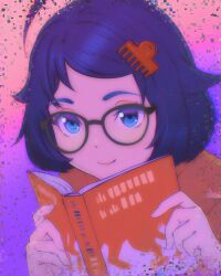 1girl absurdres ahoge black-framed_eyewear blue_eyes blue_hair book commentary english_commentary glitch gradient_background hair_flaps hair_ornament hairclip highres holding holding_book ilya_kuvshinov looking_at_viewer mila_(miside) miside mita_(miside) orange_shirt shirt short_hair simple_background smile solo upper_body