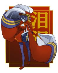 1girl bag beret blue_skin blush breasts capcom casual character_charm charm_(object) chinese_clothes claw_(weapon) claws cleavage cleavage_cutout clothing_cutout colored_skin commentary_request darkstalkers duffel_bag female_focus hat highres hirai_yukio hsien-ko jiangshi looking_at_viewer mei-ling_(darkstalkers) ofuda pantyhose purple_pantyhose qingdai_guanmao red_shoes shoes smile solo weapon zombie