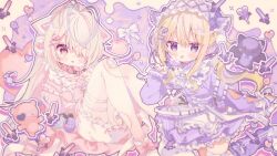 2girls apron bandaid bandaid_on_knee bandaid_on_leg bear blonde_hair bloomers blush candy closed_mouth collar commentary_request dress food frilled_apron frilled_dress frilled_hairband frills hair_over_one_eye hairband heart heart-shaped_food heart-shaped_lollipop highres holding holding_candy holding_food holding_lollipop kamizakana_iriko knees_up kulaku_lie lollipop long_hair long_sleeves looking_at_viewer multiple_girls open_mouth pink_hair pink_shirt purple_background purple_dress purple_eyes purple_hairband re:act red_collar red_eyes shaped_lollipop shirt thighhighs tongue tongue_out tsukushi_aria underwear virtual_youtuber waist_apron white_apron white_bloomers white_thighhighs wrapped_candy