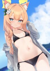 1girl animal_ear_fluff animal_ears bikini black_bikini blonde_hair blue_archive blue_eyes blue_sky braid breasts cloud commentary day dutch_angle gluteal_fold grey_jacket halo highres hood hooded_jacket jacket loli long_hair looking_at_viewer mari_(blue_archive) orange_hair outdoors side-tie_bikini_bottom single_braid sky small_breasts solo swimsuit symbol-only_commentary wolf_ears yellow_halo zarashi
