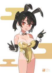 Rule 34 | 1girl, animal ear hairband, animal ears, black bow, black bowtie, black gloves, black hair, bow, bowtie, breasts, chikuwa fan973, elbow gloves, fake animal ears, fang, gaki kyonyuu, gloves, gold leotard, hairband, highres, large breasts, leotard, looking at viewer, open mouth, playboy bunny, red eyes, sasaki kanna, short hair, short twintails, smile, solo, tan, tanline, twintails, wrist cuffs