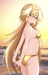 1girl absurdres arms_behind_back ass bikini breasts commentary english_commentary fate/grand_order fate_(series) from_side gold_bikini hair_ornament highres jeanne_d&#039;arc_(fate) long_hair metatron_jeanne_(fate) open_mouth outdoors rey_r31_44 small_breasts solo sunset swimsuit thighs very_long_hair yellow_eyes