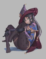 1girl ass bent_back black_gloves black_hair black_pantyhose black_ribbon black_trim blue_cape blue_leotard blue_sleeves breasts brooch cape cleavage closed_mouth commentary crossed_ankles detached_sleeves drawpile_(medium) english_commentary eyebrows_hidden_by_hair from_side full_body fur-trimmed_cape fur_trim genshin_impact gloves gold_thighlet gold_trim green_eyes grey_background hair_between_eyes hair_ribbon hair_tubes half-closed_eyes hand_on_own_thigh hands_on_own_legs hat head_tilt highres hugging_own_legs jewelry knee_to_chest knees_to_chest knees_up large_hat leg_up leotard long_eyelashes long_hair long_sleeves looking_at_viewer looking_to_the_side low-tied_long_hair medium_breasts metal_hair_tubes mona_(genshin_impact) multicolored_cape multicolored_hat no_shoes pantyhose parted_bangs print_pantyhose purple_cape purple_hat purple_sleeves raised_eyebrows red_cape red_hat ribbon shadow sidelocks simple_background sitting skindentation smile solo star_(symbol) star_brooch star_print strapless strapless_leotard thick_eyelashes thighlet thighs twintails two-sided_cape two-sided_fabric two-tone_sleeves vertigris very_long_hair witch_hat
