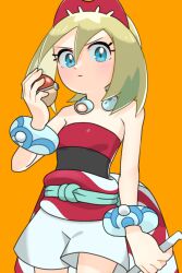 1girl blonde_hair blue_eyes boku_(fmku3244) bracelet closed_mouth collar commentary_request cowboy_shot eyelashes flute hairband hand_up highres hisuian_poke_ball holding holding_instrument holding_poke_ball instrument irida_(pokemon) jewelry looking_down nintendo orange_background poke_ball pokemon pokemon_legends:_arceus red_hairband sash shirt short_shorts shorts simple_background solo strapless strapless_shirt waist_cape white_shorts