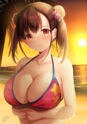 Rule 34 | 1girl, azuma yuki, bare arms, bare shoulders, bikini, breasts, brown eyes, brown hair, candy hair ornament, candy wrapper, collarbone, commentary request, double bun, food-themed hair ornament, hair bun, hair ornament, highres, horizon, idolmaster, idolmaster shiny colors, large breasts, ocean, palm tree, print bikini, red bikini, signature, solo, sonoda chiyoko, star (symbol), star print, sun, sunset, swimsuit, tree, twintails, upper body, water, wet