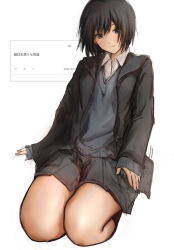 1girl absurdres amagami black_eyes black_hair black_jacket black_sailor_collar blazer cardigan closed_mouth collared_shirt eee_mii grey_cardigan grey_skirt highres jacket kibito_high_school_uniform knees lap_pillow_invitation long_sleeves looking_at_viewer nanasaki_ai odaibako pleated_skirt sailor_collar school_uniform seiza shirt short_hair simple_background sitting skirt solo white_background white_shirt winter_uniform