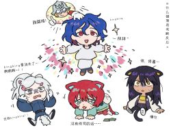 Rule 34 | 1boy, amate yuzuriha, animal ears, aqua eyes, blonde hair, blue eyes, blue hair, cat ears, cat girl, cat tail, char aznable, chinese text, colored inner hair, crop top, crying, deformed, deux murasame, eye mask, freckles, grey hair, gundam, gundam gquuuuuux, hair bun, helmet, highres, jacket, kemonomimi mode, long hair, mecha pilot suit, multicolored hair, nyaan (gundam gquuuuuux), purple hair, red eyes, red hair, shenghuotui xingxing, shirt, short hair, shuji ito, simple background, tail, translation request, two-tone hair, updo, white background, yellow eyes
