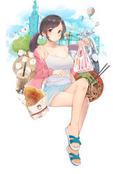 1girl 7-eleven absurdres aircraft bag black_hair blue_shorts brown_eyes bubble_tea character_request chicken_(food) copyright_request dumpling feet food fried_chicken highres hot_air_balloon jacket legs long_hair looking_at_viewer motor_vehicle nail_polish noodles outdoors pink_jacket ponytail sandals scooter shirt shorts sleeveless sleeveless_shirt solo taiwan toes white_shirt yang0926