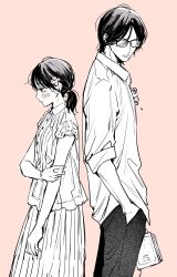 1boy 1girl absurdres blush book buttons closed_mouth collared_shirt commentary couple cowboy_shot dress_shirt glasses greyscale_with_colored_background hair_ornament height_difference highres holding holding_book looking_down medium_hair opaque_glasses orange_background original pants pleated_skirt ponytail rectangular_eyewear sakurada_reiko shirt short_hair simple_background skirt sleeves_rolled_up tears turning_head