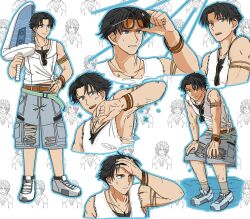 Rule 34 | 2boys, adjusting eyewear, angeal hewley, angeal hewley (resort style), anger vein, angry, arm up, armlet, armpits, belt, black hair, blue eyes, blue outline, blue pants, bracelet, brown belt, final fantasy, final fantasy vii, final fantasy vii ever crisis, full body, hair intakes, hand on own head, hand on own hip, hand up, hands on own knees, holding floatie, in water, jewelry, leaning forward, light smile, looking to the side, male focus, multiple belts, multiple boys, multiple views, necklace, official alternate costume, open mouth, outline, pants, parted bangs, s m man, sephiroth, sephiroth (ever crisis), shirt, shoes, short hair, smile, sparkle, splashing, standing, sunglasses, sweat, toned, toned male, torn clothes, toy sword, unworn eyewear, v-neck, wet, wet clothes, white shirt, white shoes