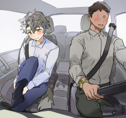 Rule 34 | 2boys, animal ears, ass, black socks, blue pants, car, collared shirt, commentary, dog boy, dog ears, dog tail, driving, english commentary, erection, from behind, grabbing another&#039;s ass, grey hair, groping, highres, itsme takk, kneehighs, large penis, leg up, long sleeves, male focus, motor vehicle, multiple boys, open mouth, original, pants, penis, seatbelt, shirt, short hair, sitting, socks, steering wheel, sweat, sweatdrop, tail, vehicle interior, watch, wristwatch, yaoi, yellow eyes