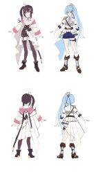 2girls absurdres armor armored_boots asymmetrical_sidelocks azki_(hololive) belt black_boots black_hair black_shorts black_thighhighs blue_eyes blue_hair blue_shorts boots breastplate brooch brown_belt center_frills collared_shirt colored_inner_hair commentary_request cropped_jacket double-parted_bangs frills full_body garter_straps gloves hair_between_eyes hair_ornament hairclip high-waist_shorts highres hololive hoshimachi_suisei jacket jewelry juliet_sleeves long_hair long_sleeves mole mole_under_eye multicolored_hair multiple_girls multiple_views official_alternate_costume official_alternate_hairstyle official_art pine_(angel4195202) pink_hair pleated_skirt puffy_sleeves purple_eyes shirt shirt_tucked_in short_shorts shorts shoulder_armor showgirl_skirt side_ponytail sidelocks skirt sleeve_cuffs sleeveless sleeveless_shirt star_(symbol) star_in_eye streaked_hair symbol_in_eye thighhighs three-quarter_sleeves very_long_hair virtual_youtuber white_gloves white_hair white_jacket white_shirt white_skirt