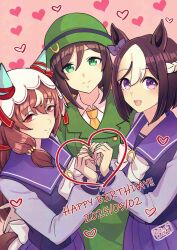 3girls adversarial_noise animal_ears bow bowler_hat bowtie breasts brown_hair closed_mouth collared_shirt dated ear_bow green_eyes green_hat green_jacket happy_birthday hat hayakawa_tazuna heart heart_hands heart_hands_trio hi_(ibisf5umauma) highres horse_ears jacket long_hair long_sleeves looking_at_viewer multiple_girls necktie open_mouth pink_background purple_eyes purple_shirt purple_skirt red_eyes sailor_collar school_uniform shirt short_hair skirt small_breasts smile special_week_(umamusume) standing still_in_love_(umamusume) tracen_school_uniform twitter_username umamusume upper_body veil yellow_necktie