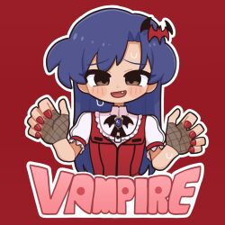 1girl bat_brooch bat_hair_ornament blue_hair blush brown_eyes claw_pose commentary_request deformed dress english_text fang fingerless_gloves fis_(t83192933) fishnet_gloves fishnets gloves hair_ornament hands_up highres idolmaster idolmaster_(classic) idolmaster_2 kisaragi_chihaya long_hair looking_at_viewer my_dear_vampire_(idolmaster) nail_polish open_mouth outline puffy_short_sleeves puffy_sleeves red_background red_dress red_nails short_sleeves simple_background solo straight-on sweatdrop upper_body vampire_costume white_outline
