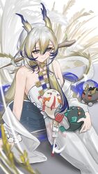 1girl 3others :3 absurdres arknights bare_shoulders bead_necklace beads blonde_hair breasts brooch brown_hair chongyue_(arknights) closed_mouth collarbone dragon dragon_bubble_(arknights) dusk_(arknights) eastern_dragon eastern_dragon_horns eastern_dragon_tail green_eyes hair_between_eyes hair_ornament highres horns jacket jewelry long_hair multiple_others necklace nian_(arknights) open_clothes open_jacket orange_eyes pointy_ears shale shirt shu_(arknights) sitting small_breasts smile strapless strapless_shirt tail tube_top white_tube_top