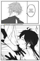 2boys closed_eyes fellatio genshin_impact gloves greyscale monochrome multiple_boys oral tartaglia_(genshin_impact) tears thrust_lines thumb_in_mouth twitter unseisodom white_background yaoi zhongli_(genshin_impact)