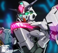 Rule 34 | artist logo, commentary request, glowing, glowing eyes, green eyes, gundam, gundam calibarn, gundam suisei no majo, highres, korean commentary, logo, mar10, mecha, mobile suit, no humans, robot, science fiction, solo, upper body, v-fin
