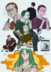 Rule 34 | 2boys, absurdres, anger vein, angry, aquarium, black hair, black shirt, closed mouth, cooking, crying, crying with eyes open, dated, facial mark, fish food, food, forehead mark, from behind, frying pan, green hair, gun, highres, holding, holding gun, holding pan, holding weapon, implied yaoi, itsuki (yu yu hakusho), long hair, male focus, multiple boys, multiple persona, multiple views, nishida (pixiv 50671594), orange eyes, own hands together, pancake, prosthetic weapon, sensui shinobu, shirt, tears, toguro ani, weapon, yuu yuu hakusho