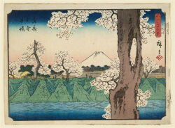 19th_century 6+others ando_hiroshige blue_sky fence fine_art_parody gradient_sky highres japan landscape mount_fuji mountain multiple_others nihonga original parody scenery sky thirty-six_views_of_mount_fuji_(hiroshige) traditional_media translation_request tree ukiyo-e volcano water