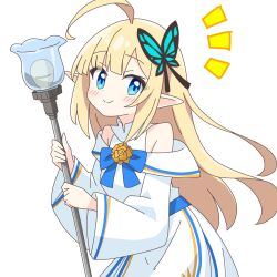 1girl ahoge bare_shoulders blonde_hair blue_bow blue_bowtie blue_eyes blunt_bangs blush bow bowtie butterfly_hair_ornament closed_mouth clothing_cutout commentary_request dot_nose dress hair_ornament highres holding holding_staff kotatsu-mazoku long_hair long_sleeves looking_at_viewer notice_lines original pointy_ears shoulder_cutout sidelocks simple_background smile solo staff upper_body white_background white_dress wide_sleeves