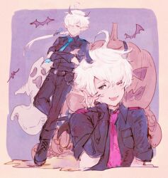 Rule 34 | 1boy, 1girl, alisaie leveilleur, alphinaud leveilleur, bat (animal), blue necktie, crossed arms, demon horns, elezen, elf, final fantasy, final fantasy xiv, ghost, hair between eyes, halloween costume, hand on own cheek, hand on own face, horns, hutaba 0718, looking at viewer, necktie, pointy ears, ponytail, pumpkin, red necktie, siblings, smile, twins