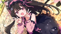 1girl :d absurdres animal_ear_fluff animal_ears bare_shoulders black_dress black_hair black_skirt blurry blurry_background blush bow cat_ears cat_girl cat_tail collared_shirt commission depth_of_field detached_sleeves double_v double_w dress dutch_angle fang frilled_dress frilled_hairband frilled_skirt frills from_above hair_ornament hairband hairclip hands_up heart heart_hair_ornament highres jirai_kei long_hair long_sleeves looking_at_viewer open_mouth original pink_bow pink_eyes pink_hairband pink_ribbon pink_shirt pink_sleeves puffy_long_sleeves puffy_sleeves red_eyes ribbon shiro9jira shirt skeb_commission skin_fang skirt sleeveless sleeveless_dress smile solo sparkle symbol-shaped_pupils tail tail_ornament two_side_up v w