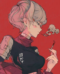 Rule 34 | 1girl, absurdres, black shirt, breasts, cigarette, closed mouth, clothes pull, collared shirt, commentary, elliemaplefox, english commentary, gradient eyes, grey hair, hand up, highres, holding, holding cigarette, jacket, jacket pull, large breasts, lips, looking to the side, midriff peek, multicolored eyes, original, profile, red background, red jacket, red nails, shirt, short hair, simple background, smoke, solo, upper body
