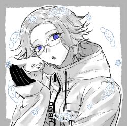 1boy 1other :o absurdres animal aotsuki_eito blush blush_stickers breast_pocket cinnamoroll citrus_of_rue doodle_inset drawstring fuwa_fuwa_cinnamoroll glasses gloves greyscale hand_up hashtag head_tilt highres holding holding_animal jacket looking_at_viewer male_focus monochrome pocket purple_eyes rabbit sanrio short_hair simple_background solo_focus spot_color teeth the_hundred_line_-last_defense_academy- upper_body upper_teeth_only zipper