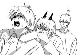 1girl 2boys annoyed chainsaw_man denji_(chainsaw_man) eyebrows eyelashes fang fangs fingernails hair_ornament hayakawa_aki high_ponytail hood hood_down hoodie horns long_sleeves monochrome multiple_boys nausea open_mouth original_nasu ponytail power_(chainsaw_man) sharp_teeth short_ponytail sketch sweat sweatdrop teeth three-quarter_sleeves white_background