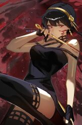 1girl absurdres artist_name black_boots black_dress blood blood_on_face bluesky_logo boots breasts closed_mouth dagger dress dual_wielding gold_hairband hairband highres holding instagram_logo knife knowname large_breasts pixiv_logo red_eyes solo spy_x_family stiletto_(weapon) thigh_boots twitter_logo weapon yor_briar