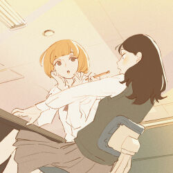 2girls 55bata6rou :o black_hair blonde_hair ceiling_light classroom cowboy_shot desk falling grey_skirt grey_sweater_vest hands_up highres indoors kirio_fanclub leaning_back long_hair long_sleeves looking_at_another miyoshi_aimi multiple_girls on_chair open_mouth pleated_skirt profile school_uniform shirt short_hair sitting skirt sometani_nami sweater_vest swivel_chair white_shirt