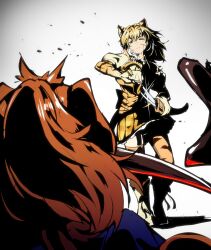 2girls absurdres animal_print black_hair bleeding blood blood_on_face boots brown_hair cellien_(kemono_friends) elbow_gloves empty_eyes gloves hair_between_eyes half-closed_eye high_contrast highres holding holding_sheath holding_sword holding_weapon injury kemono_friends kemono_friends_3 long_hair looking_at_another mammoth_(kemono_friends) miniskirt multiple_girls one_eye_closed print_gloves print_skirt print_thighhighs puffy_short_sleeves puffy_sleeves riri_(dgra3272) scabbard scratches sheath shirt short_sleeves skirt smilodon_(kemono_friends) solo_focus sword thighhighs torn_clothes unsheathing walking weapon white_hair zettai_ryouiki