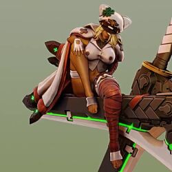 1girl 3d animated ass barefoot blonde_hair breasts cleavage dark-skinned_female dark_skin feet guilty_gear guilty_gear_strive hat large_breasts long_hair lowres navel no_shoes orange_eyes pear_force_one ramlethal_valentine sheath sheathed shorts sitting solo spread_legs sword tagme toes video weapon