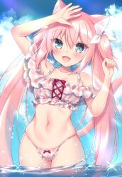 1girl animal_ear_fluff animal_ears arms_up beach bikini blue_eyes blush boku_no_risou_no_isekai_seikatsu bow bow_bikini cat_ears cat_girl cat_tail cloud day fang frilled_bikini frills long_hair misia_(ichiri) navel open_mouth outdoors pink_bikini pink_hair plaid_bikini plaid_clothes ribbon sky smile solo sorai_shin&#039;ya stomach swimsuit tail thighs twintails very_long_hair wading water white_ribbon