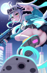 1girl absurdres ahoge artist_name ass blowing_bubbles blush breasts chewing_gum city cityscape epinel_(nikke) from_behind from_below goddess_of_victory:_nikke green_eyes gun highres iwasora123 jacket long_hair looking_at_viewer miniskirt moon night no_panties ponytail skirt solo submachine_gun very_long_hair weapon white_hair