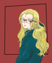 1girl alternate_costume anmitsu_sd assam_(girls_und_panzer) bespectacled blonde_hair casual from_side girls_und_panzer glasses green_hoodie hair_down highres hood hoodie long_hair open_mouth purple_eyes rectangular_eyewear red-framed_eyewear