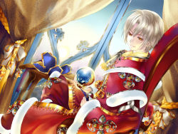 1boy bishounen blonde_hair brown_hair capelet chair christmas curtains dutch_angle fur_trim gem indoors jane_mere jewelry king looking_down male_focus orb original robe santa_costume sitting solo throne white_hair window yellow_eyes