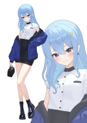 Rule 34 | 1girl, absurdres, bag, black shoes, black skirt, blue eyes, blue hair, blue jacket, blush, bow, bow earrings, closed mouth, earrings, full body, hair between eyes, highres, holding, holding bag, hololive, hoshimachi suisei, jacket, jewelry, long hair, looking at viewer, multiple views, nisemori, off shoulder, pencil skirt, shirt, shoes, simple background, skirt, smile, star (symbol), star in eye, symbol in eye, thighs, virtual youtuber, white background, white shirt, zoom layer