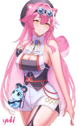 1girl absurdres animal_ears black_garter_straps black_gloves black_tube_top blush breasts cat_ears cat_girl cat_tail chattino_(raora_panthera) cleavage closed_mouth commentary double-parted_bangs english_commentary fangs garter_straps gloves goggles goggles_on_head hair_intakes highres hololive hololive_english large_breasts long_hair looking_at_viewer pink_hair raora_panthera raora_panthera_(1st_costume) shorts skin_fangs smile solo strapless tail tube_top very_long_hair vest virtual_youtuber white_hair white_shorts white_vest yellow_eyes yuki_(yuk1_94)