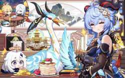2girls :t =_= aether_(genshin_impact) ahoge aranara_(genshin_impact) bird black_gloves blue_hair breasts chibi chopsticks closed_eyes cloud_retainer_(genshin_impact) commentary crane_(animal) detached_sleeves food ganyu_(genshin_impact) ganyu_(twilight_blossom)_(genshin_impact) genshin_impact gloves guoba_(genshin_impact) hair_ornament highres holding holding_chopsticks horns ikarosu_(ikarosu01) large_breasts long_sleeves multiple_girls paimon_(genshin_impact) pancake purple_eyes shenhe_(frostflower_dew)_(genshin_impact) shenhe_(genshin_impact) speech_bubble symbol-only_commentary white_hair xianyun_(genshin_impact) yuegui_(genshin_impact)