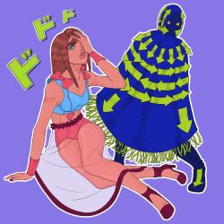 1girl 1other arrow_(symbol) atalajoestar awaking_iii_leaves blue_eyes blue_poncho blue_shirt bow breasts brown_hair commentary commission covering_one_eye crop_top english_commentary hand_over_eye higashikata_mitsuba high_heels highres jojo_no_kimyou_na_bouken jojolion lips long_hair menacing_(jojo) midriff nail_polish outline parted_lips pink_bow pink_shorts poncho purple_background see-through_clothes see-through_skirt shirt shorts sitting skirt stand_(jojo) teeth wristband yellow_eyes