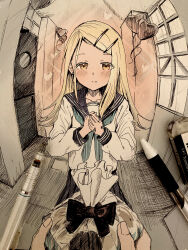 Rule 34 | 1boy, 1girl, absurdres, bag, balloon, ballpoint pen (medium), bandaid, bandaid on hand, blonde hair, blue neckerchief, blush, earrings, eraser, fingernails, flipped hair, gakuen idolmaster, graphite (medium), heart, heart balloon, highres, idolmaster, jewelry, long hair, long sleeves, looking at viewer, neckerchief, niwatoko towani, own hands together, pen (medium), photo (medium), plastic bag, pov, pov hands, school uniform, serafuku, shinosawa hiro, stud earrings, swept bangs, traditional media, valentine, very long hair