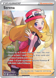 1girl :d artist_name black_shirt black_thighhighs blonde_hair blue_eyes blue_sky building bush card_(medium) character_name cloud company_name copyright_name copyright_notice day english_text eyelashes eyewear_on_headwear hat lens_flare long_hair looking_back mizutani_megumi nintendo official_art open_mouth outdoors pink_bag pokemon pokemon_card pokemon_tcg pokemon_xy red_hat red_skirt serena_(pokemon) shirt skirt sky sleeveless sleeveless_shirt smile solo sunglasses thighhighs third-party_source trading_card waving white-framed_eyewear window