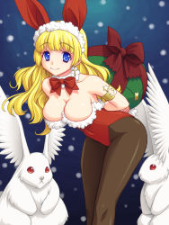 1girl animal animal_ears blonde_hair blue_eyes breasts cleavage cross earrings fake_animal_ears female_focus gift jewelry large_breasts leaning_forward leotard long_hair miyama_amehiko pantyhose playboy_bunny rabbit rabbit_ears snow snowing solo