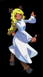 1girl absurdres animal_ears animal_nose antlers black_background blonde_hair brown_tail buck_teeth closed_eyes closed_mouth commentary dark-skinned_female dark_skin deer_antlers deer_ears deer_girl deer_tail deltarune dress english_commentary freckles furry furry_female highres hooves horns index_finger_raised long_dress long_hair long_sleeves mr_plagu3 noelle_holiday parted_bangs simple_background solo standing tail teeth u_u white_dress wide_sleeves