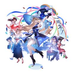 6+girls absurdres ajirogasa alice_margatroid alternate_costume anniversary armpits black_thighhighs blonde_hair blue_bow blue_dress blue_eyes blue_flower blue_gloves blue_hair blue_hat blue_kimono boots bow box braid broom broom_riding brown_hair closed_mouth confetti crescent doll dress flower frilled_bow frilled_hair_tubes frilled_hairband frills game_cg gift gift_box gloves gradient_clothes gradient_dress grey_dress hair_bobbles hair_bow hair_ornament hair_tubes hairband hakurei_reimu hat hat_bow hat_flower high_heel_boots high_heels highres holding holding_gift japanese_clothes jewelry kawashiro_nitori key kimono kirisame_marisa lolita_hairband long_earlobes long_hair looking_at_viewer multiple_girls necklace no_headwear official_art one_eye_closed open_mouth patchouli_knowledge pendant purple_eyes purple_hair red_bow red_dress red_eyes red_footwear red_hairband shanghai_doll shoes side_braid side_slit single_braid sitting smile teeth thighhighs thighs third-party_source touhou touhou_gensou_eclipse translation_request transparent_background twin_braids two_side_up u_u_zan upper_teeth_only very_long_hair white_bow white_dress witch_hat wrist_cuffs yatadera_narumi yellow_eyes