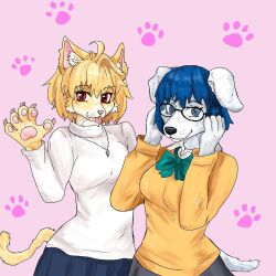 2girls :3 adjusting_eyewear ahoge animal_ear_fluff animal_ears animal_hands arcueid_brunestud blonde_hair blue_eyes blue_hair blue_skirt bow cat_ears cat_girl cat_tail ciel_(tsukihime) dog_ears dog_girl dog_tail fingernails furrification furry furry_female green_bow jewelry multiple_girls necklace red_eyes school_uniform sharp_fingernails short_hair skirt smile souya_high_school_uniform sweater tail tongue tongue_out tsukihime tsukihime_(remake) turtleneck turtleneck_sweater