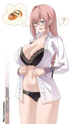 1girl ? black_bra black_panties bra braid breasts cleavage collarbone commission earrings glasses highres inconvenient_breasts jewelry large_breasts long_hair looking_down mzrz navel open_mouth panties pink_eyes pink_hair shirt simple_background solo speech_bubble spoken_food spoken_question_mark stomach thighs thought_bubble tsukishiro_yanagi underwear very_long_hair weight_conscious white_background white_shirt zenless_zone_zero